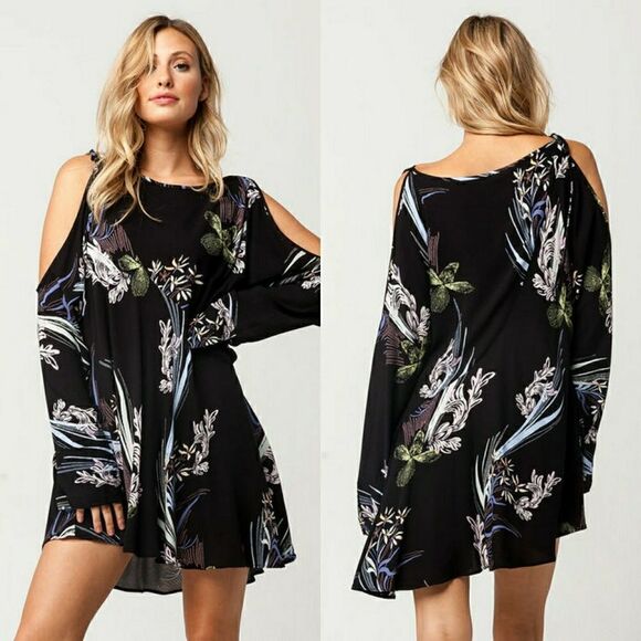 Free People Tunic Dress Black  XS Skies Are Clear Floral Boho - Picture 1 of 4